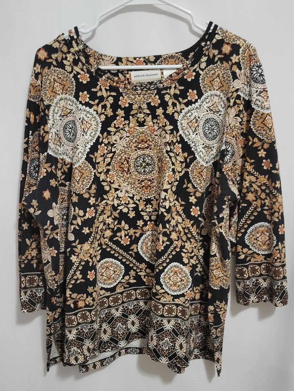 Alfred Dunner Black, Gold & Cream Embellished Paisley-Print Long Sleeve Top, 1X